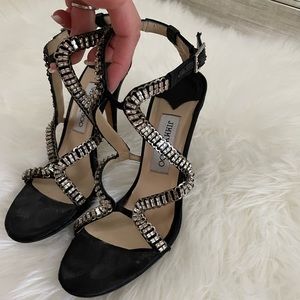 Jimmy Choo Black Satin Crystal Embellished Slingback Open Toe Sandals Size 38.5